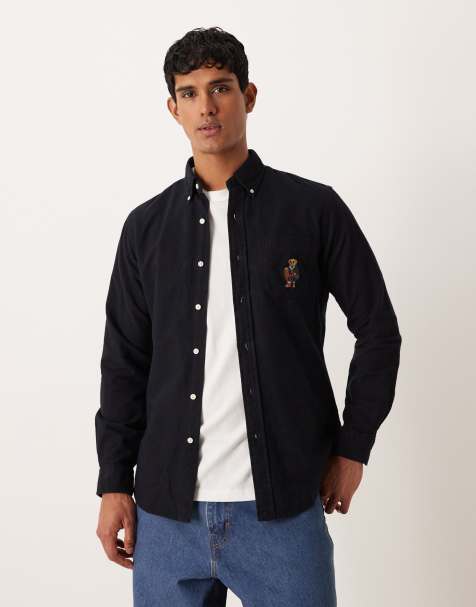 Polo Ralph Lauren bear logo custom fit brushed oxford shirt in black - view 1