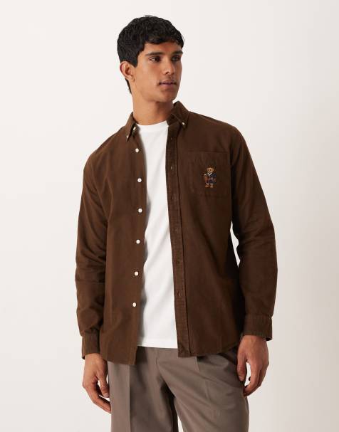 Polo Ralph Lauren bear logo custom fit brushed Oxford shirt in brown - view 1
