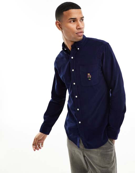 Polo Ralph Lauren bear logo custom fit fine cord shirt in navy | ASOS