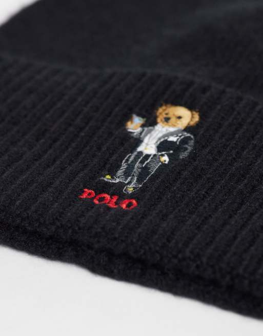 Polo Ralph Lauren bear logo knit beanie in black , 2 of 3