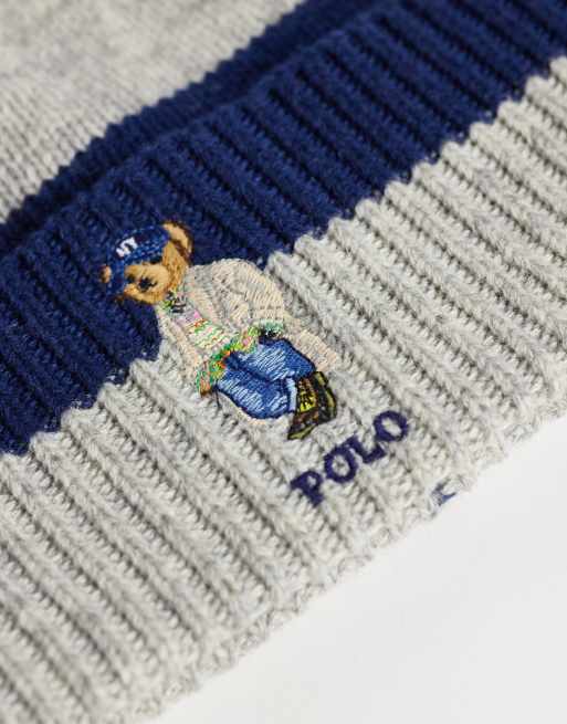 Polo Ralph Lauren bear logo knit beanie in navy and grey, 2 of 3