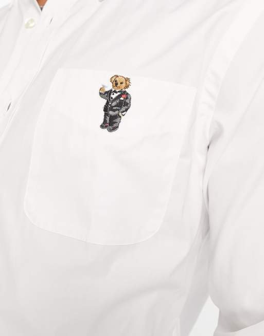 Polo Ralph Lauren bear logo pocket slim fit dress shirt in white