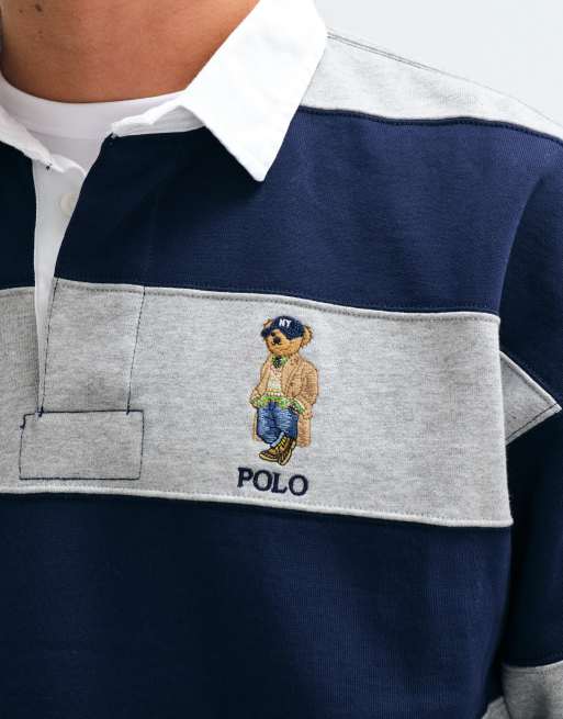 Polo Ralph Lauren bear logo rugby shirt in navy and grey, 3 of 5