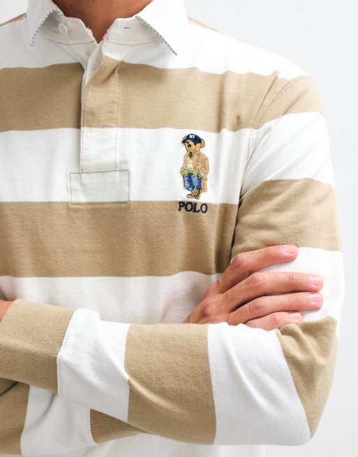 Polo Ralph Lauren bear logo rugbyshirt in beige en wit, 4 van 5