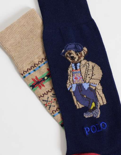 Polo Ralph Lauren bear print 2 pack socks in navy and beige, 2 of 3