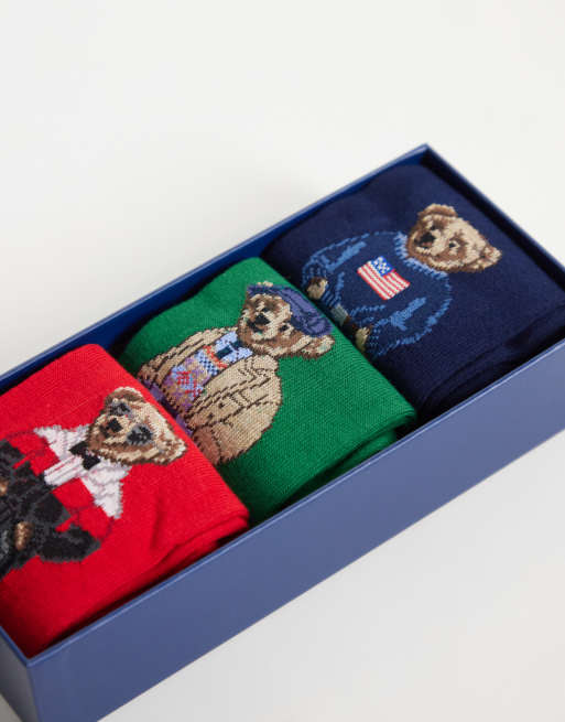 Polo Ralph Lauren bear print 3 pack gift set crew socks in multi, 2 of 3