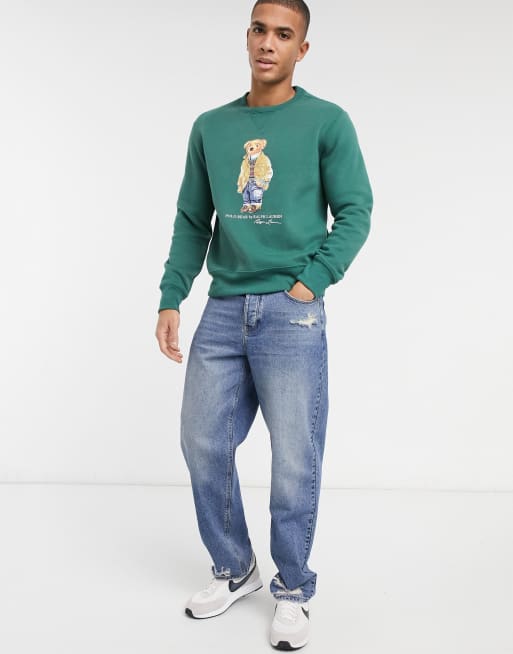 Polo Ralph Lauren bear print magic fleece sweatshirt in washed forest green  | ASOS