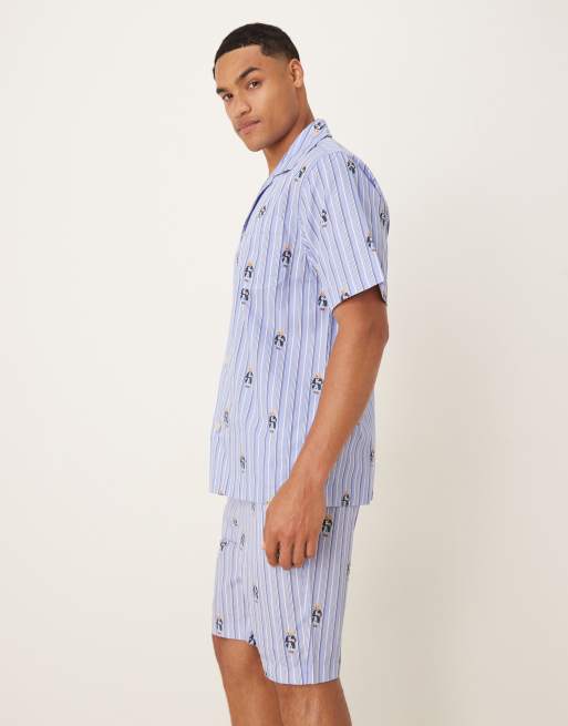 Polo Ralph Lauren bear stripe print pyjama shorts in blue, 3 of 5