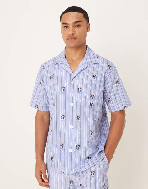 Polo Ralph Lauren bear stripe print short sleeve pyjama shirt in blue - view 1