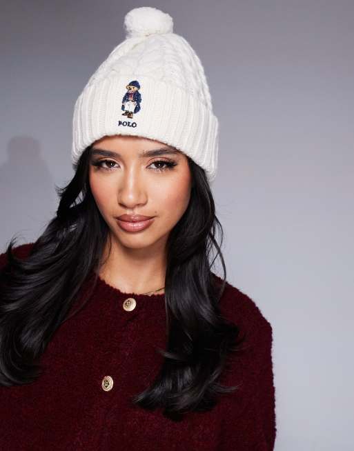 Polo Ralph Lauren – Beige, flätstickad mössa med tofs och björnlogga