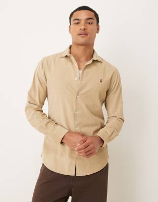 Polo Ralph Lauren - Beige skjorte med logoikon i fint fløjl i slim fit ...