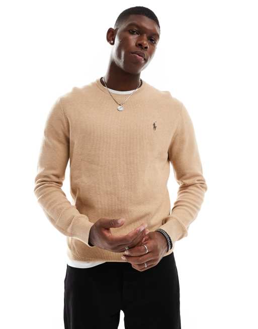 Polo Ralph Lauren – Beigemelerad, stickad tröja i bomull med ikonlogga