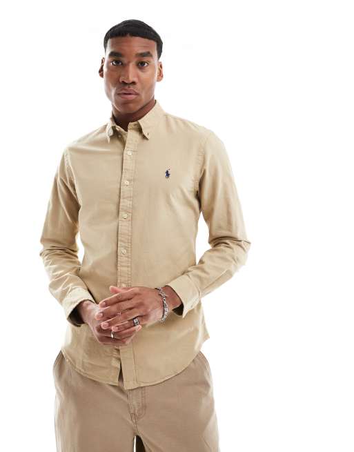 Polo Ralph Lauren – Beżowa barwiona koszula oxford o dopasowanym kroju z logo