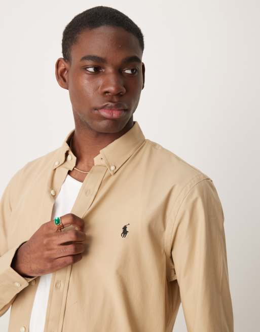 Polo Ralph Lauren – Beżowa dopasowana koszula z popeliny ze stretchem z logo