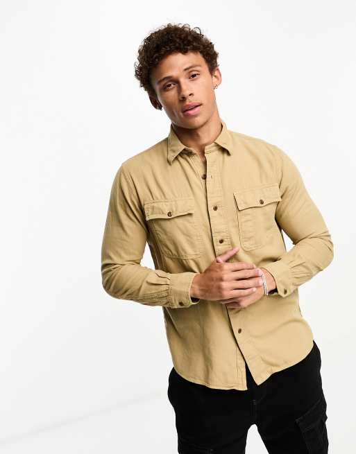 Polo Ralph Lauren – Beżowa klasyczna koszula wierzchnia oversize z diagonalu z 2 kieszeniami