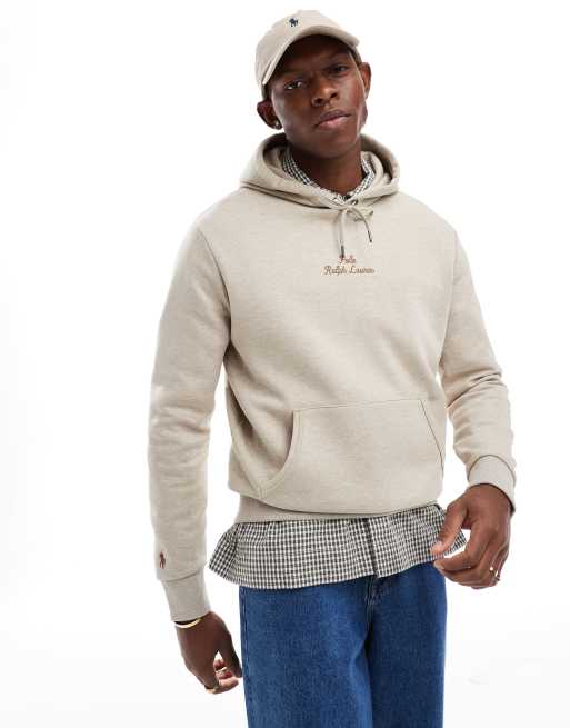 Polo Ralph Lauren – Beżowa melanżowa bluza z kapturem z dzianiny o podwójnym splocie z logo na środku