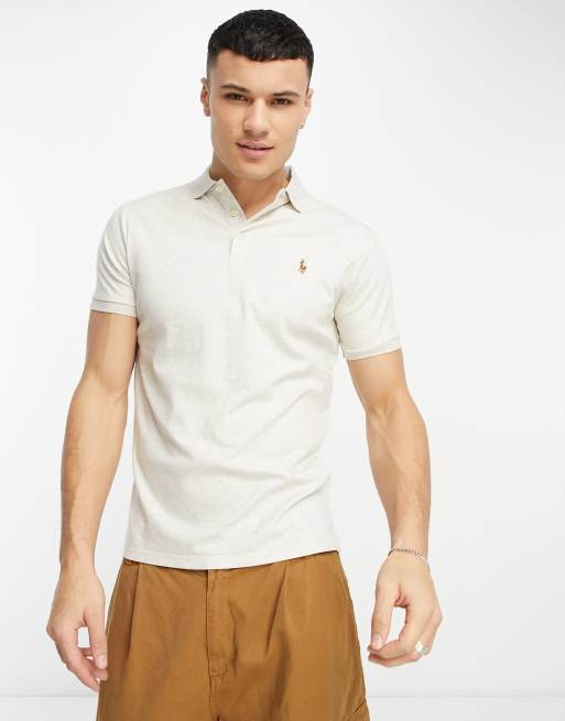 Polo Ralph Lauren – Beżowa melanżowa koszulka polo o klasycznym kroju z bawełny pima z logo