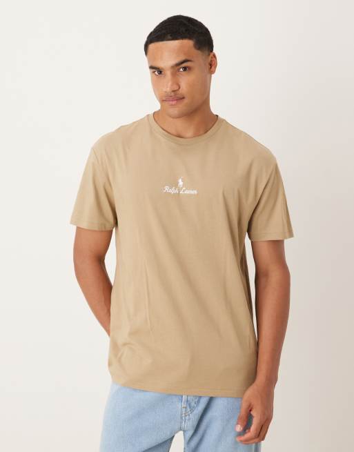 Polo Ralph Lauren – Beżowy klasyczny T-shirt oversize z napisem z logo na środku