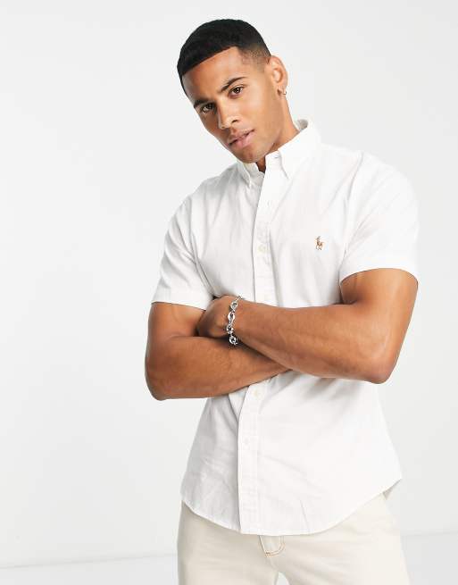 Polo Ralph Lauren – Biała dopasowana koszula z krótkimi rękawami z tkaniny chambray z logo z kucykiem