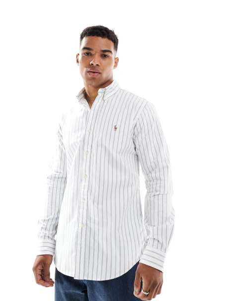 Polo Ralph Lauren icon logo stripe oxford shirt custom fit in white/blue