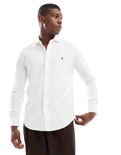 Polo Ralph Lauren – Biała koszula z bawełnianego dżerseju o fakturze plastra miodu z logo