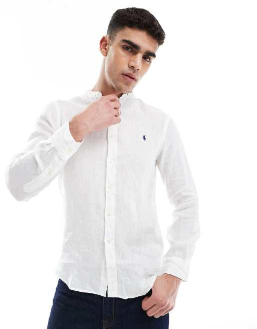 Polo Ralph Lauren – Biała lniana koszula o dopasowanym kroju ze stójką i logo