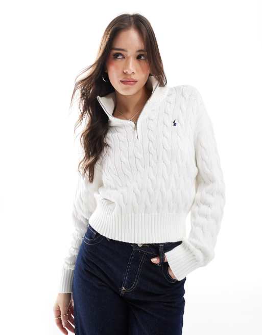 Polo Ralph Lauren – Biały sweter z dzianiny o warkoczowym splocie z zamkiem pod szyją i logo