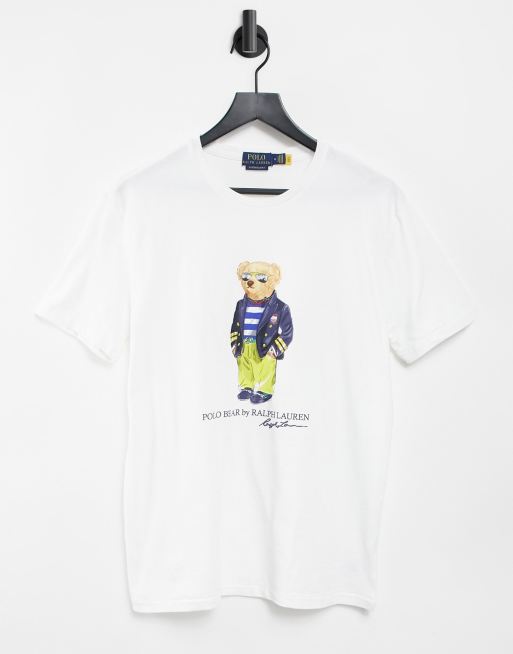 Polo Ralph Lauren – Biały T-shirt z motywem niedźwiadka ubranego w stylu żeglarskim