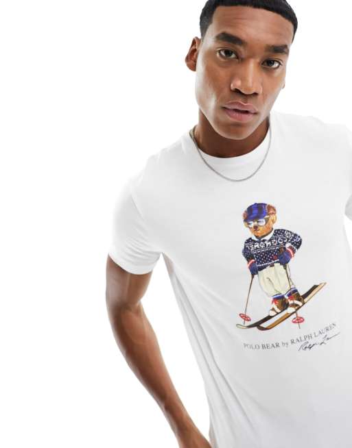 Polo Ralph Lauren – Biały T-shirt z nadrukiem misia w narciarskim ubraniu