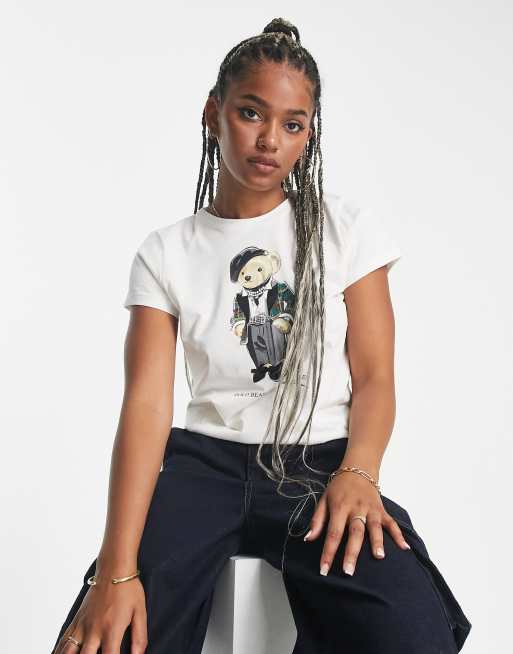 Polo Ralph Lauren – Biały T-shirt z nadrukiem misia w smokingu