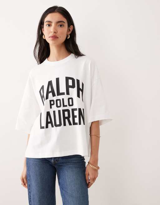 Polo Ralph Lauren – Biały T-shirt z nadrukiem o pudełkowym kroju z logo na piersi