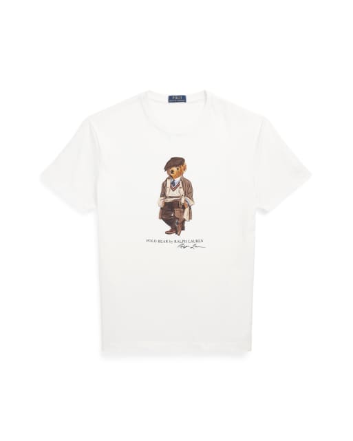 Polo Ralph Lauren – Biały T-shirt z motywem niedźwiadka w czapce