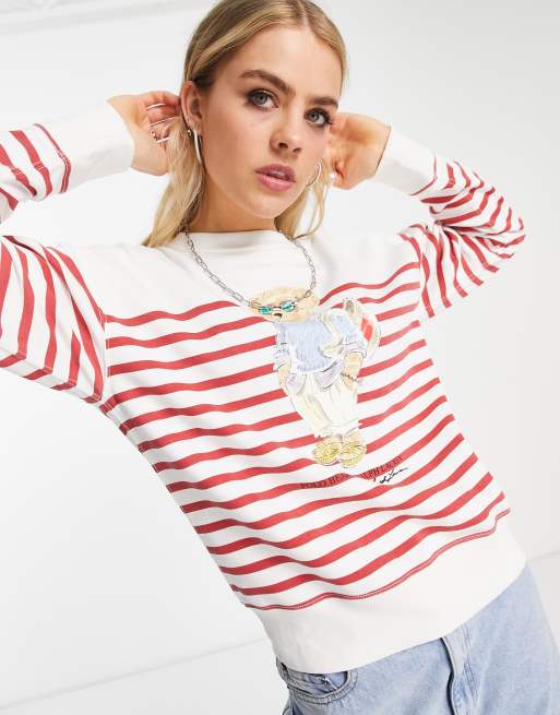 Polo Ralph Lauren – Biały top z długimi rękawami we wzór w paski z nadrukiem misia