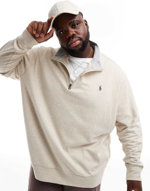 Polo Ralph Lauren Big & Tall – Beige melerad dubbelstickad sweatshirt med klassisk logga och halvlång dragkedja