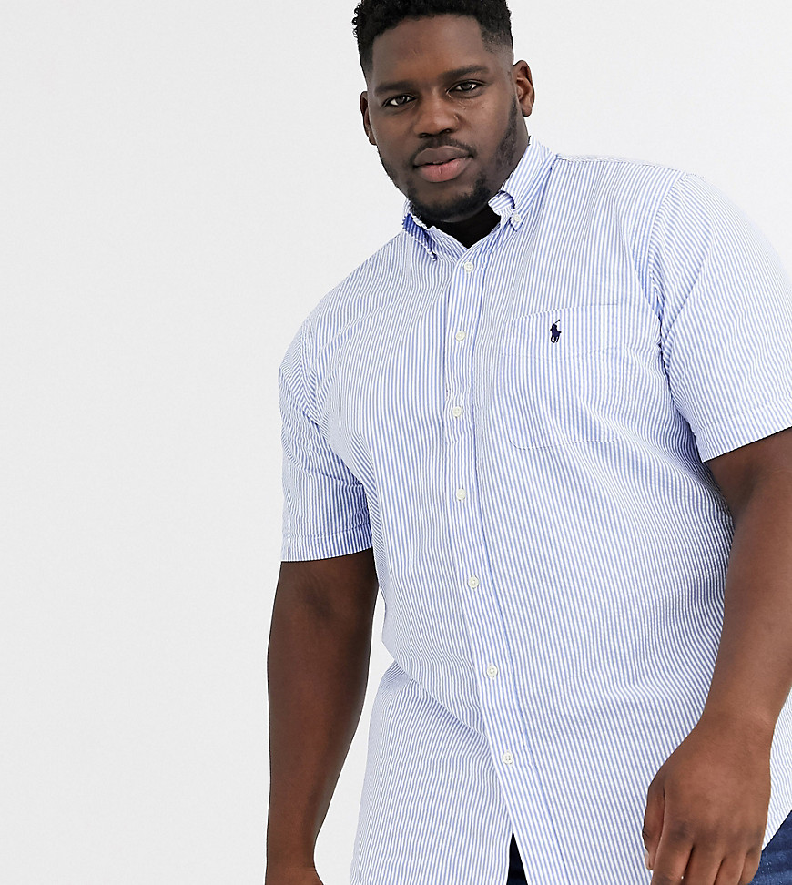Polo Ralph Lauren - Big & Tall - Blå og hvid stribet logo-t-shirt i vaffeltekstur med korte ærmer og lomme