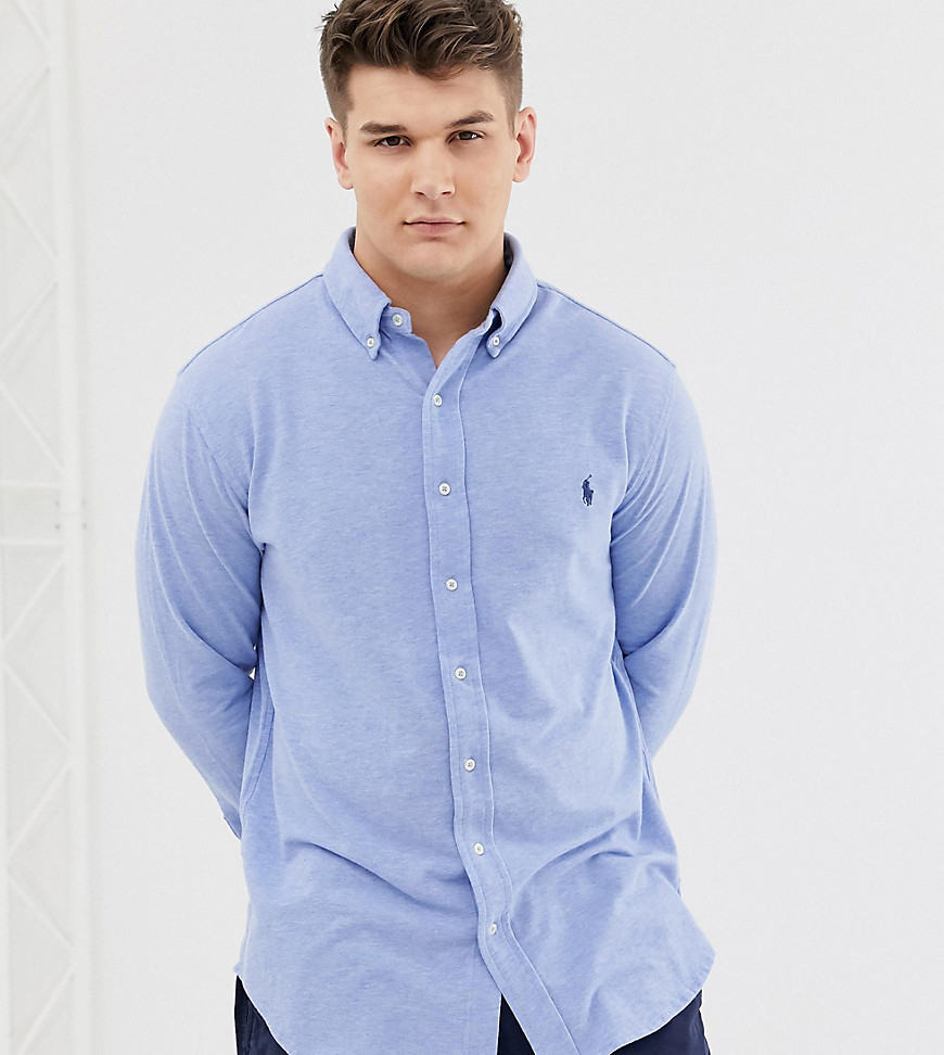 Polo Ralph Lauren Big & Tall - Camicia button-down in piqué blu mélange con logo