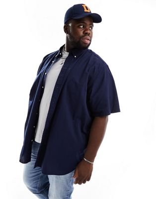 Polo Ralph Lauren Big & Tall icon logo short sleeve seersucker shirt classic oversized fit in navy - ASOS Price Checker