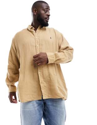 Polo Ralph Lauren Big & Tall icon logo linen shirt classic oversized fit in khaki tan - ASOS Price Checker