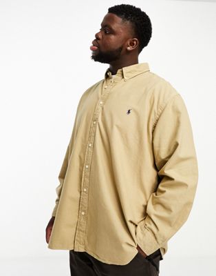 Polo Ralph Lauren Big & Tall icon logo classic fit garment dyed oxford shirt in tan - ASOS Price Checker