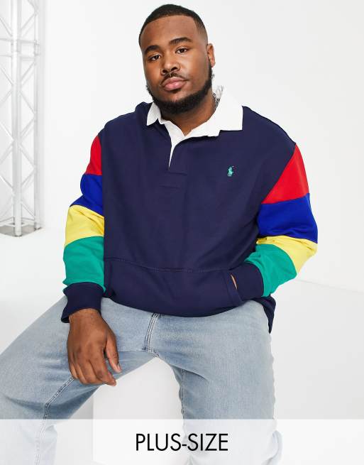 Polo Ralph Lauren Big & Tall contrast collar rainbow sleeve color block  sweat rugby polo in navy | ASOS