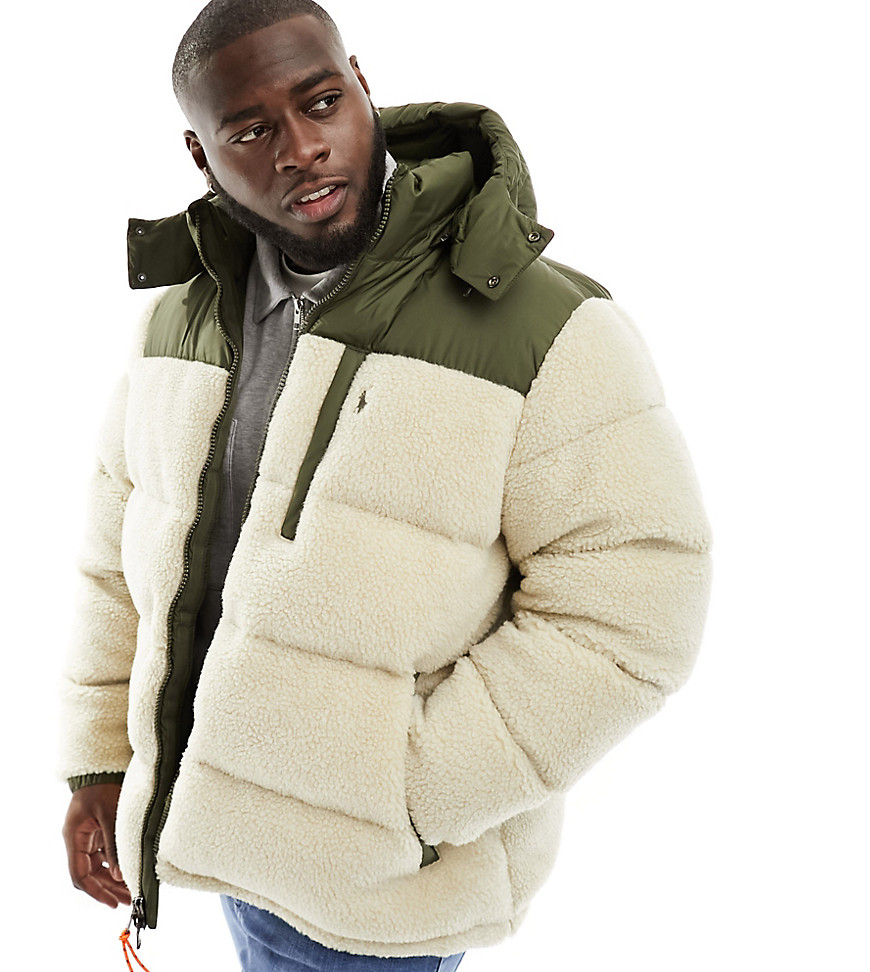 Polo Ralph Lauren Big & Tall detachable hood borg hybrid down puffer jacket in beige/green-Neutral