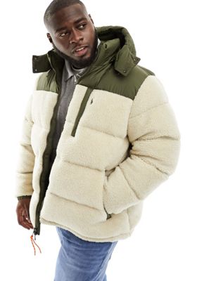 Polo Ralph Lauren Big & Tall detachable hood borg hybrid down puffer jacket in beige/green - ASOS Price Checker