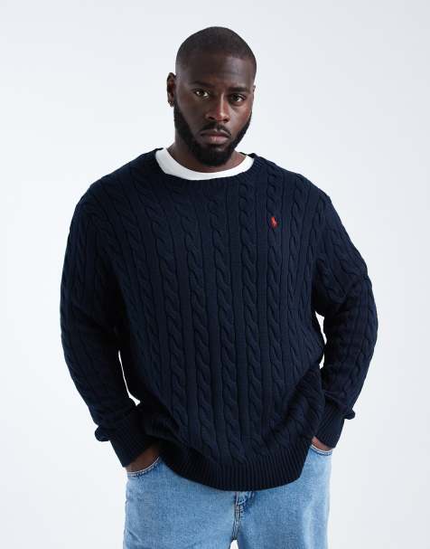 Polo Ralph Lauren Big & Tall – Driver – Granatowy sweter z bawełny o warkoczowym splocie z logo - view 1