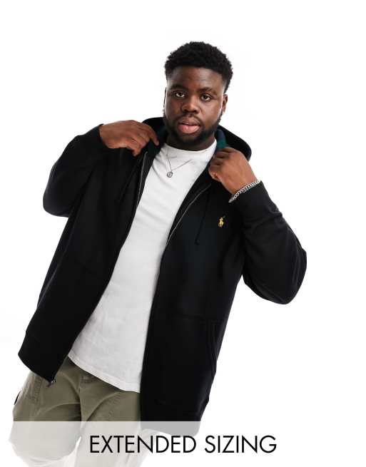 Polo Ralph Lauren Big & Tall - Felpa in pile con cappuccio e zip nera con logo dorato