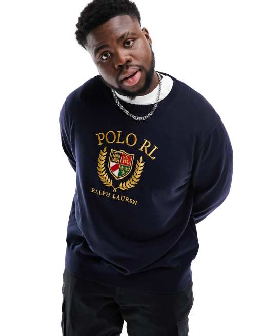 Polo Ralph Lauren Big & Tall - Gebreide trui van zwaargewicht katoen met embleemlogo in marineblauw