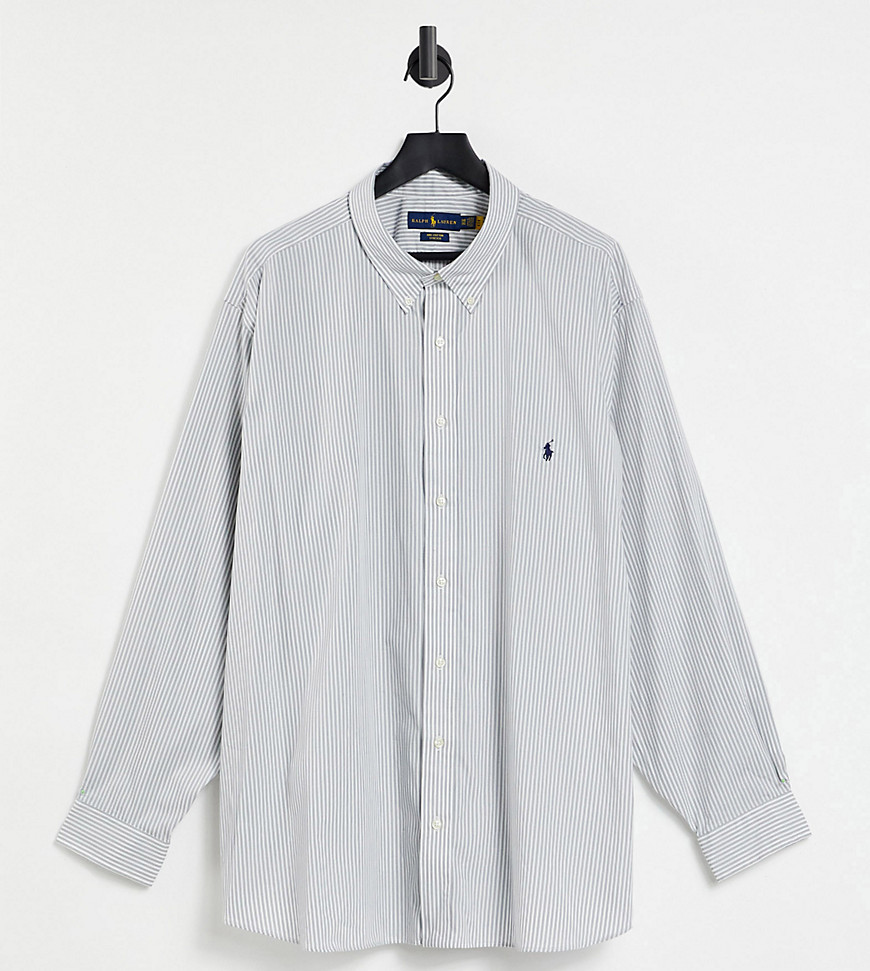 Polo Ralph Lauren Big & Tall - Gestreept poplin overhemd met spelerlogo in grijs/wit