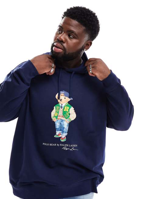 Polo Ralph Lauren Big & Tall – Granatowa bluza z kapturem i nadrukiem z misiem w uczelnianym stylu