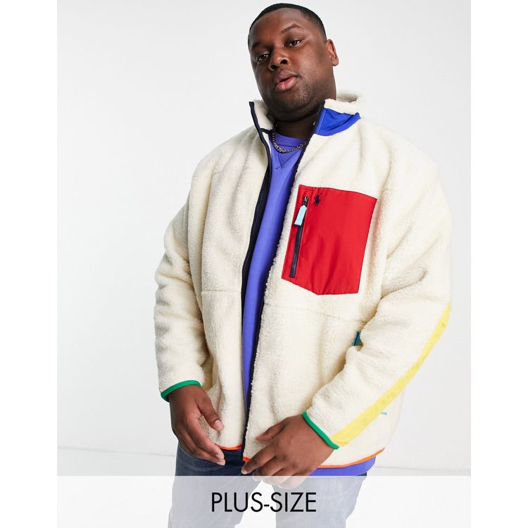 Polo Ralph Lauren Big & Tall icon log colourblock sherpa full zip jacket in  cream | ASOS