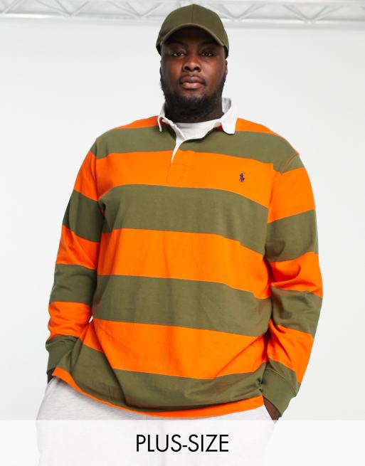 Polo Ralph Lauren Big Tall icon logo block stripe rugby polo classic oversized fit in dark green orange