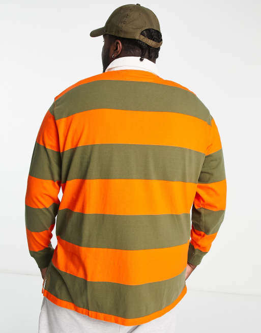 Polo Ralph Lauren Big Tall icon logo block stripe rugby polo classic oversized fit in dark green orange ASOS